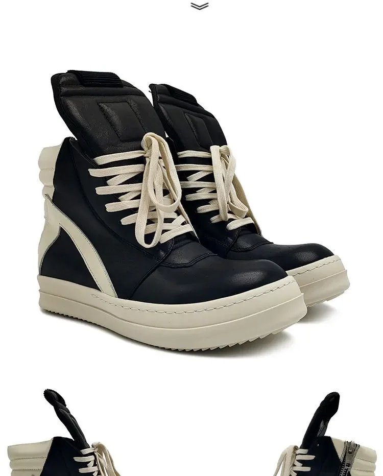 Brand Men Shoe Casual High Top Quality Women Sneaker Black Ankle Boot Geobasket Leather Owen Fashion Thick-sole Flat Zip Shoe