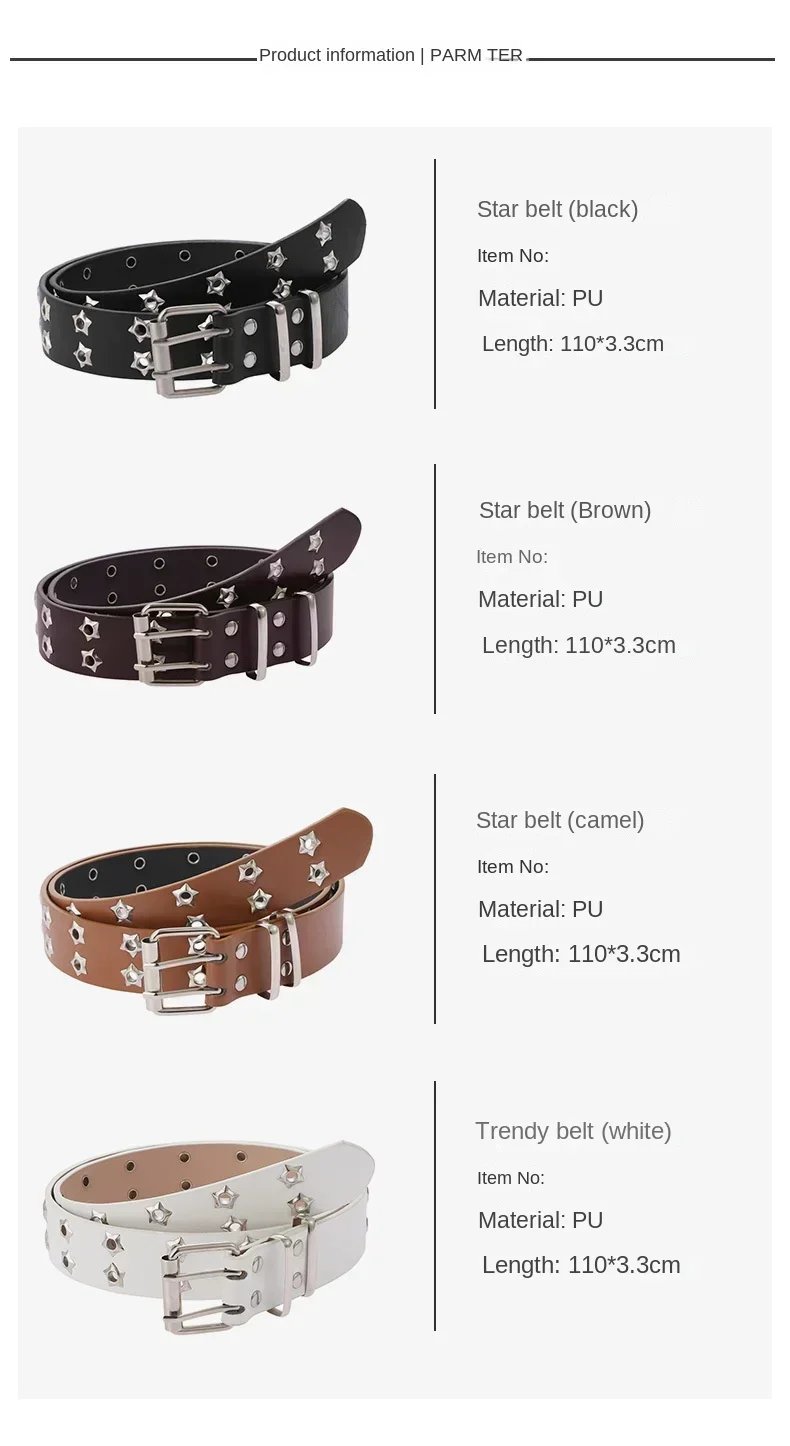 1 PC Star Eye Rivet Belt Goth Style Double Pin Buckle Men Woman Fashion Casual Punk Style Pu Leather Waistband for Jeans Young