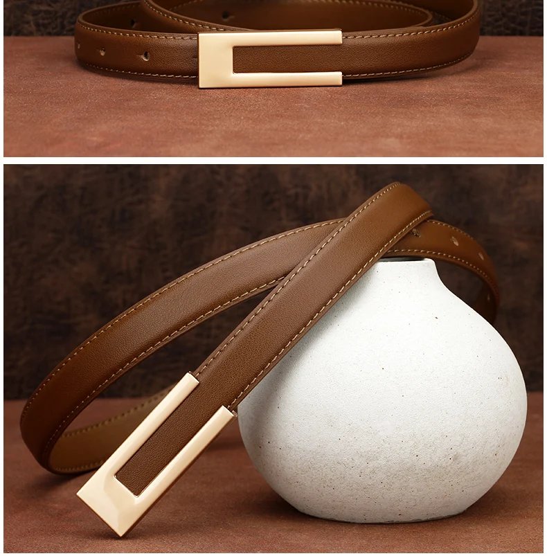 Simple Women Genuine Leather Belt Vintage Female Thin Waistband Gold Metal Buckle Dress Coat Jeans Decor Waist belts