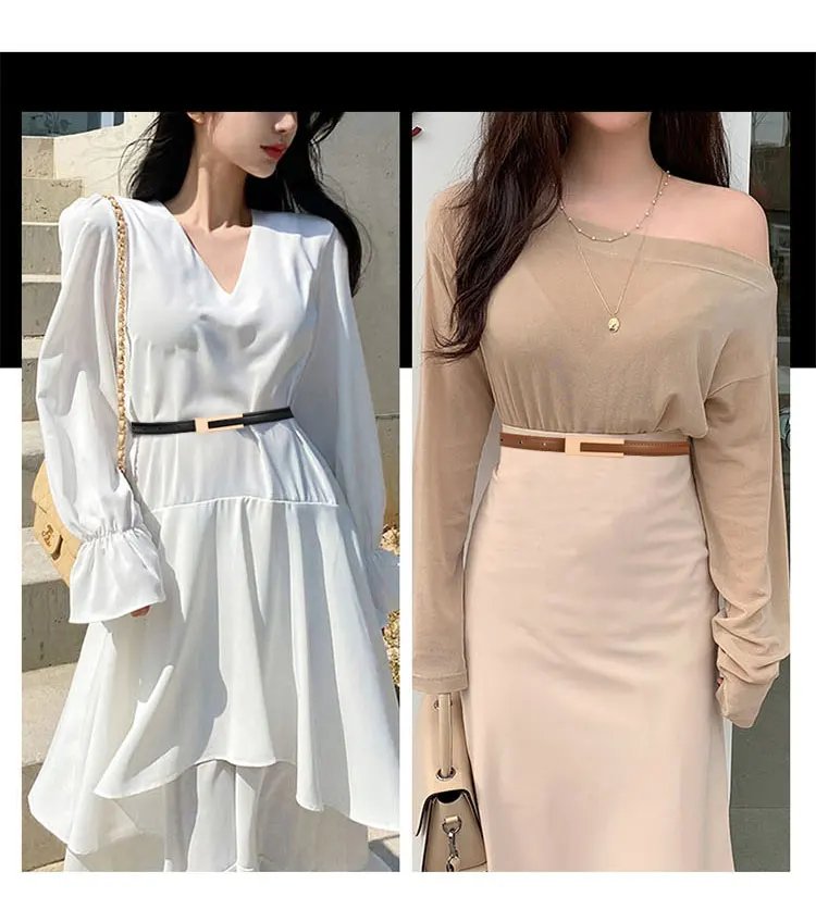 Simple Women Genuine Leather Belt Vintage Female Thin Waistband Gold Metal Buckle Dress Coat Jeans Decor Waist belts