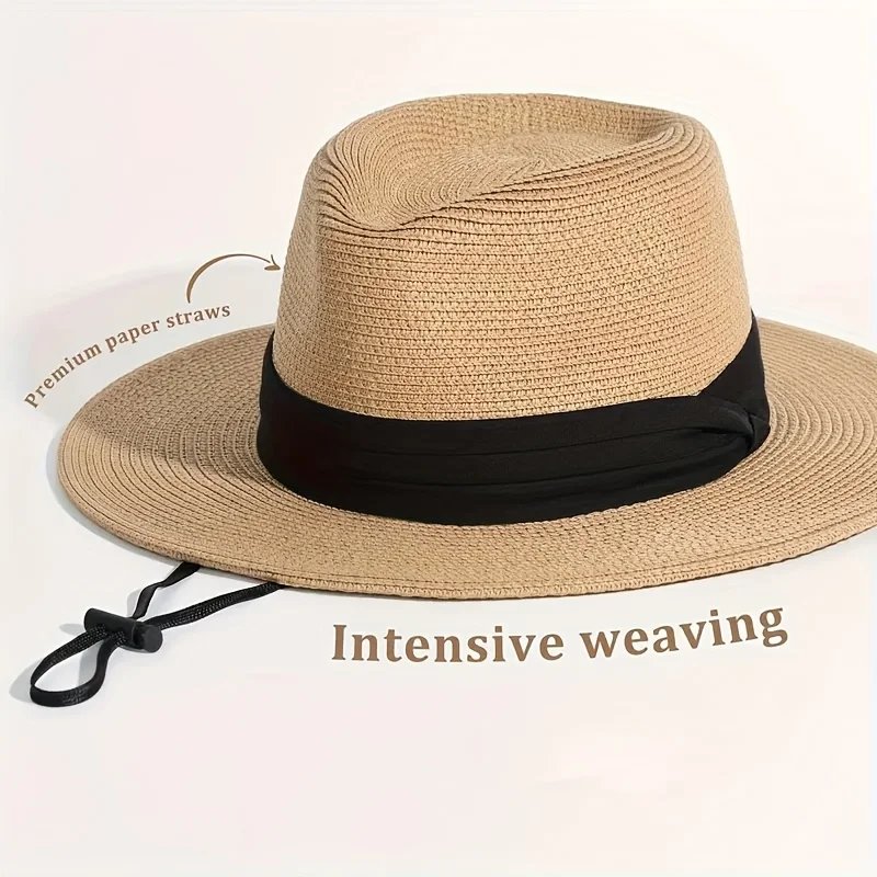 Fashion Men Straw Hat For Women Summer Trendy Beach Sun Hats Solid Color Fedoras Ribbon Casual Cowboy Jazz Cap Gangster Cap Male