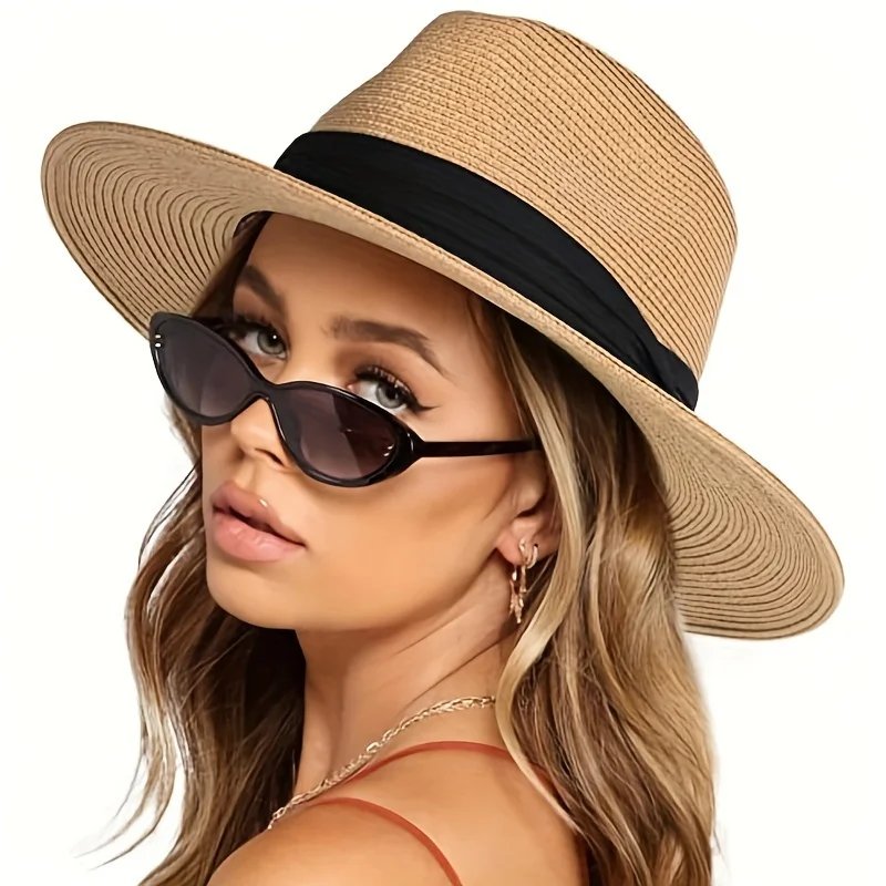 Fashion Men Straw Hat For Women Summer Trendy Beach Sun Hats Solid Color Fedoras Ribbon Casual Cowboy Jazz Cap Gangster Cap Male