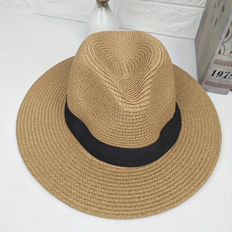 Fashion Men Straw Hat For Women Summer Trendy Beach Sun Hats Solid Color Fedoras Ribbon Casual Cowboy Jazz Cap Gangster Cap Male