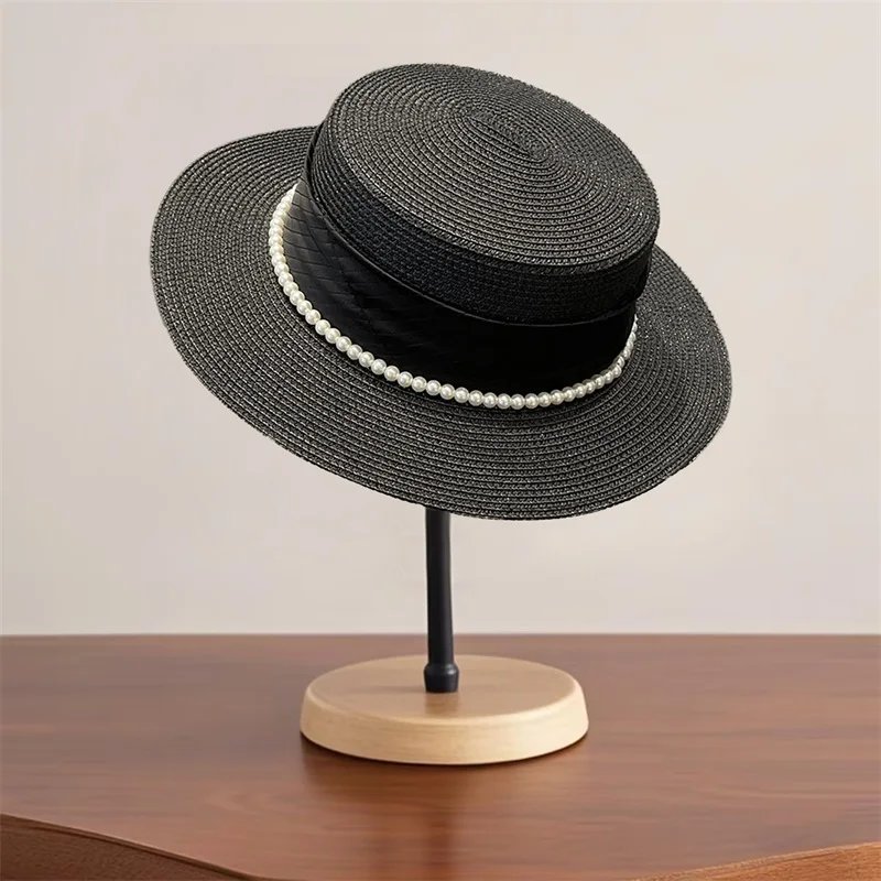 Elegant Women s Wide Brim Straw Hat with Pearl Embellishments for Stylish UV Protection at the Beach or on Holiday