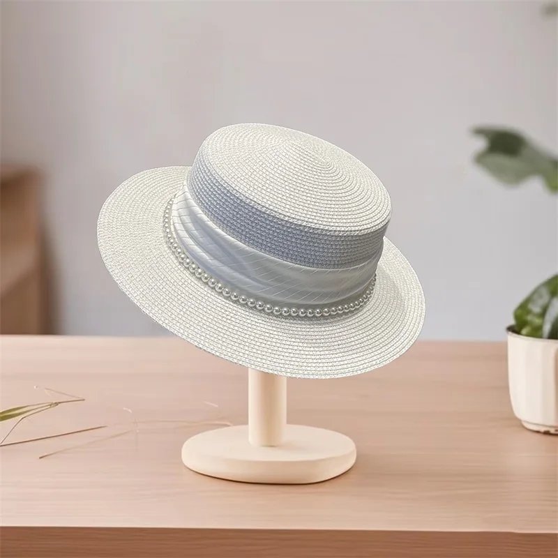 Elegant Women s Wide Brim Straw Hat with Pearl Embellishments for Stylish UV Protection at the Beach or on Holiday