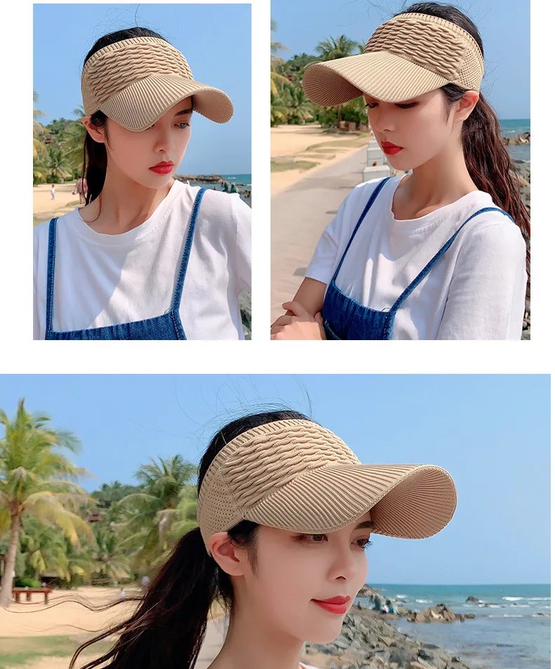 Fashion Folds Design Women Empty Top Hat Summer Solid Color Large Brim Sunscreen Hat Outdoor Elastic Fabric Sports Sun Cap