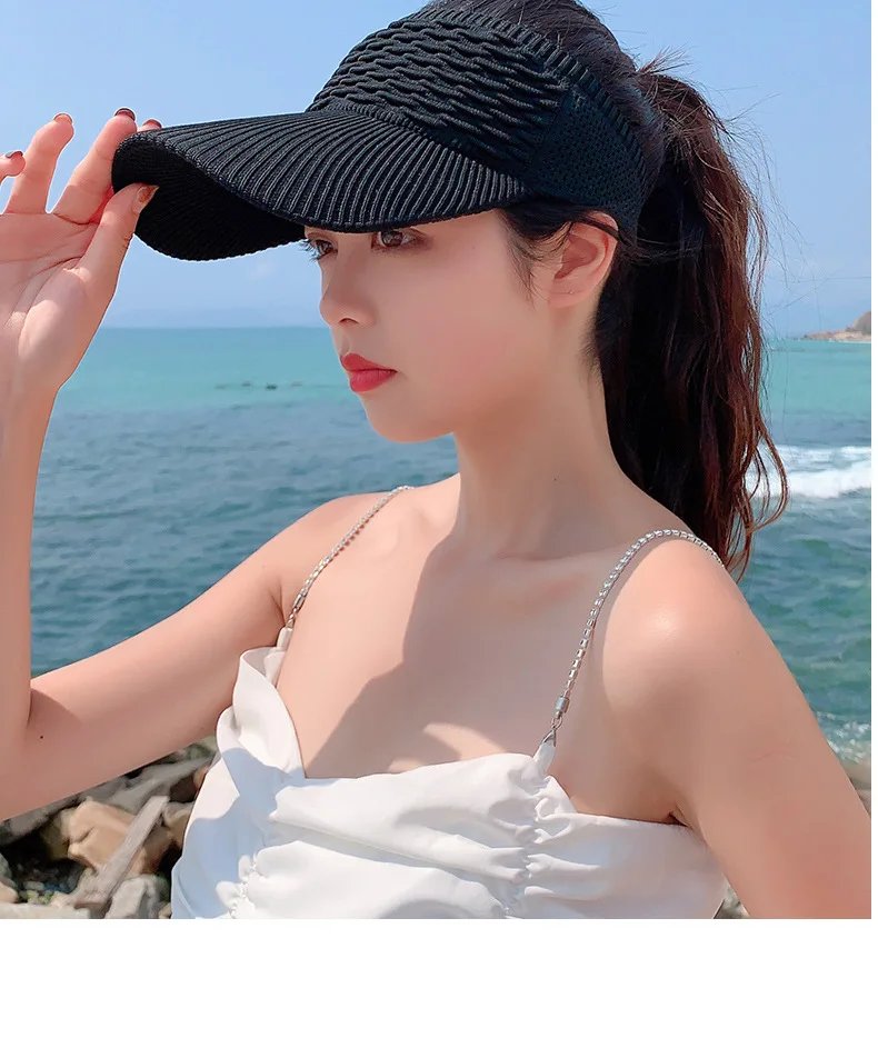 Fashion Folds Design Women Empty Top Hat Summer Solid Color Large Brim Sunscreen Hat Outdoor Elastic Fabric Sports Sun Cap