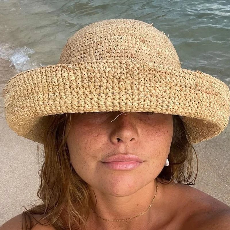 Designer  Raffia Straw Bucket Hat Women Summer Bikini Beach Hat Female Korean Travel Sun Protection Breathable Fisherman Hat