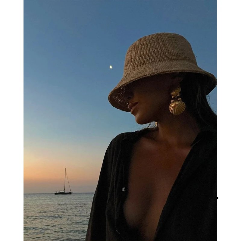 Designer  Raffia Straw Bucket Hat Women Summer Bikini Beach Hat Female Korean Travel Sun Protection Breathable Fisherman Hat
