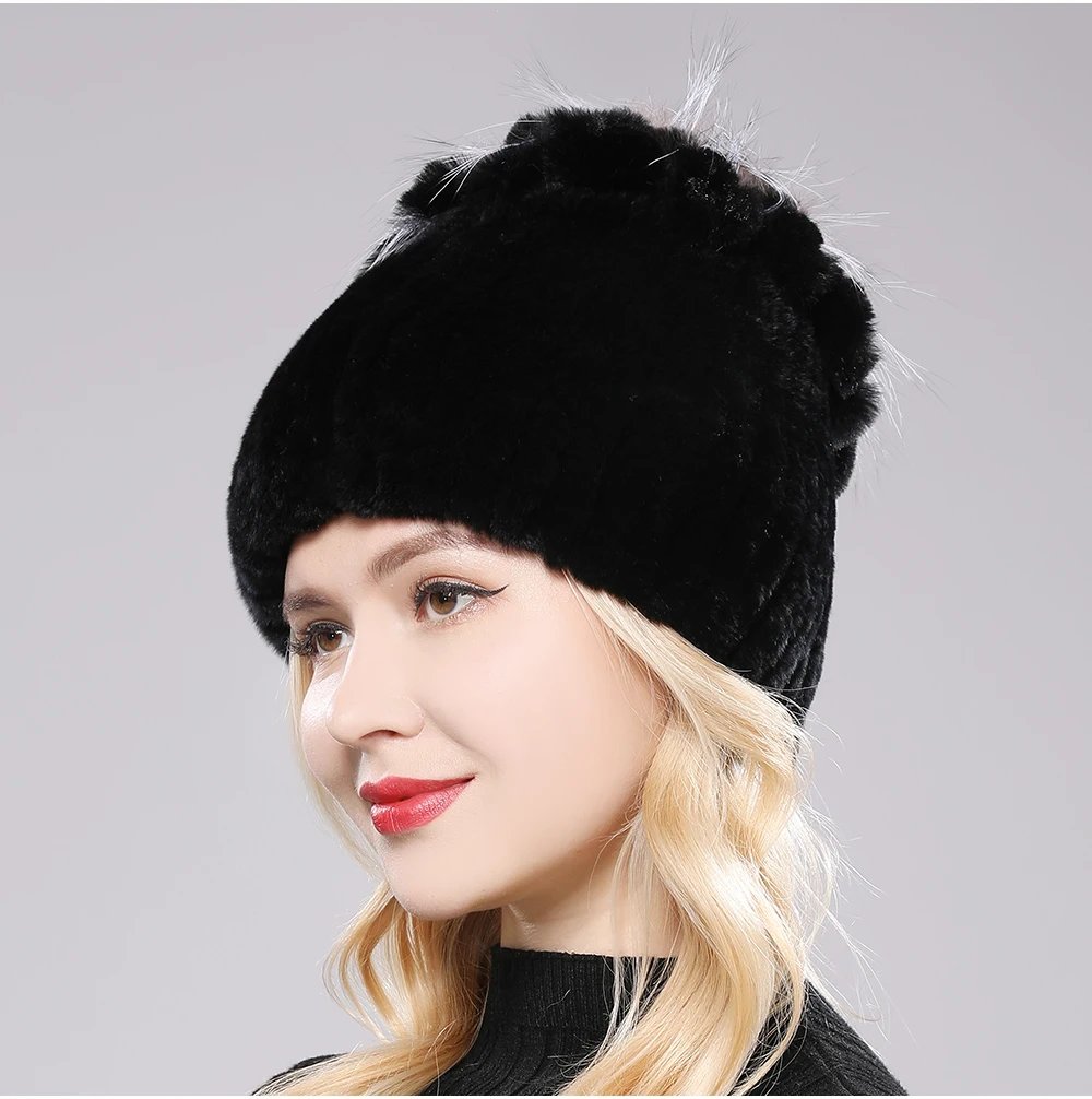 New Luxury Russia Winter Warm Real Fur Beanies Hat Women Real Natural Rex Rabbit Hat Good Elastic Knitted Rex Rabbit Fur Caps