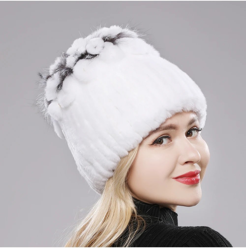 New Luxury Russia Winter Warm Real Fur Beanies Hat Women Real Natural Rex Rabbit Hat Good Elastic Knitted Rex Rabbit Fur Caps