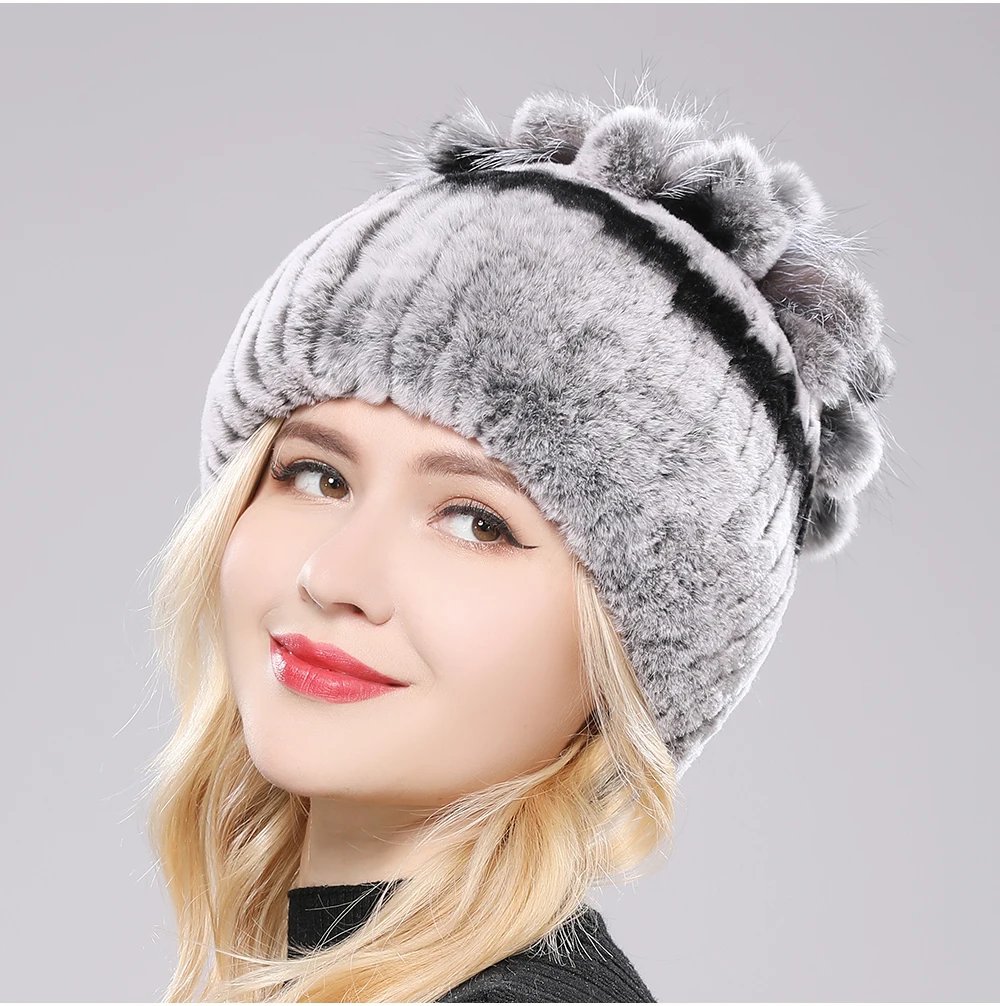 New Luxury Russia Winter Warm Real Fur Beanies Hat Women Real Natural Rex Rabbit Hat Good Elastic Knitted Rex Rabbit Fur Caps