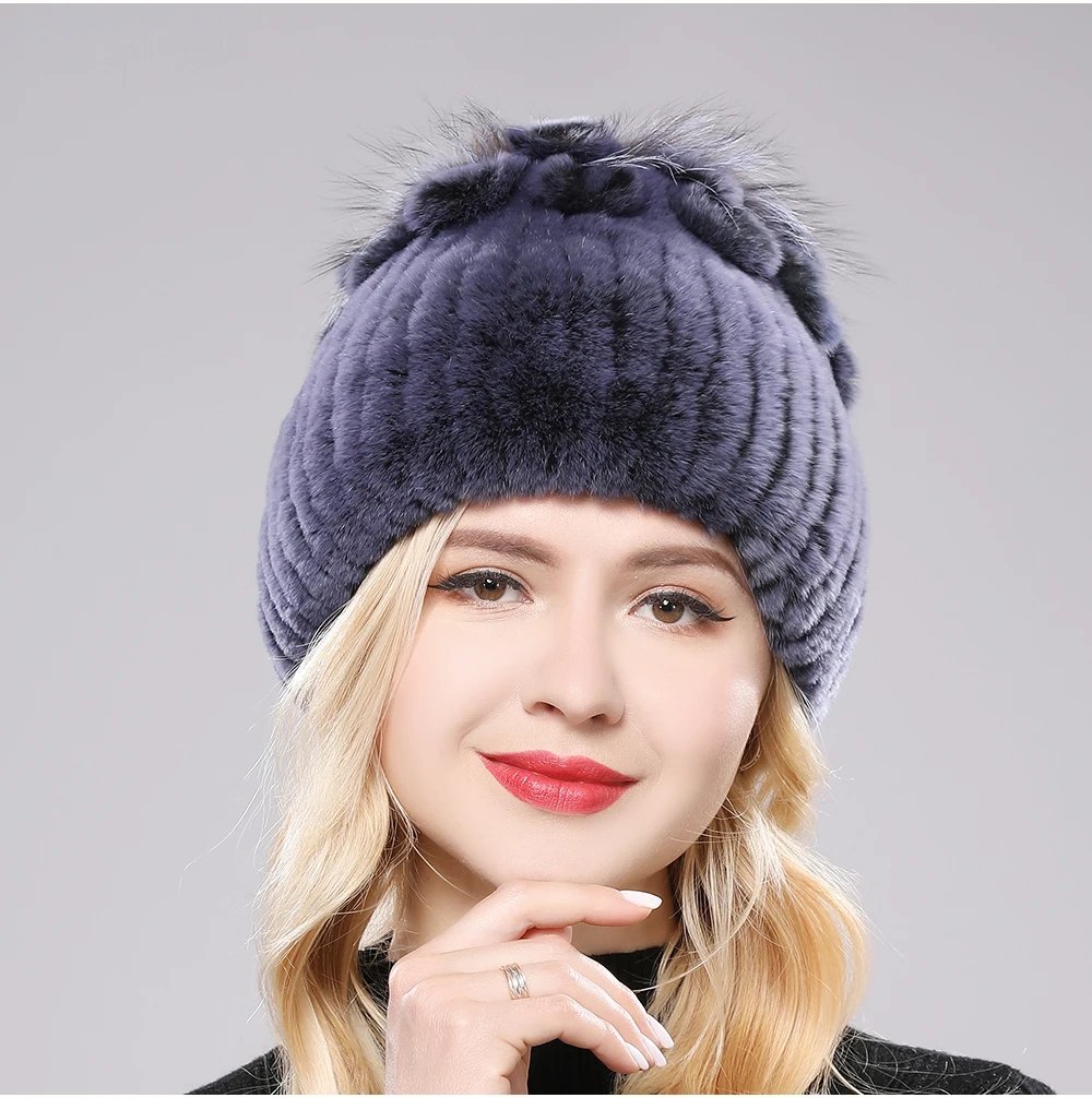 New Luxury Russia Winter Warm Real Fur Beanies Hat Women Real Natural Rex Rabbit Hat Good Elastic Knitted Rex Rabbit Fur Caps