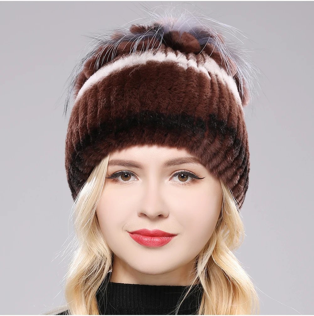 New Luxury Russia Winter Warm Real Fur Beanies Hat Women Real Natural Rex Rabbit Hat Good Elastic Knitted Rex Rabbit Fur Caps