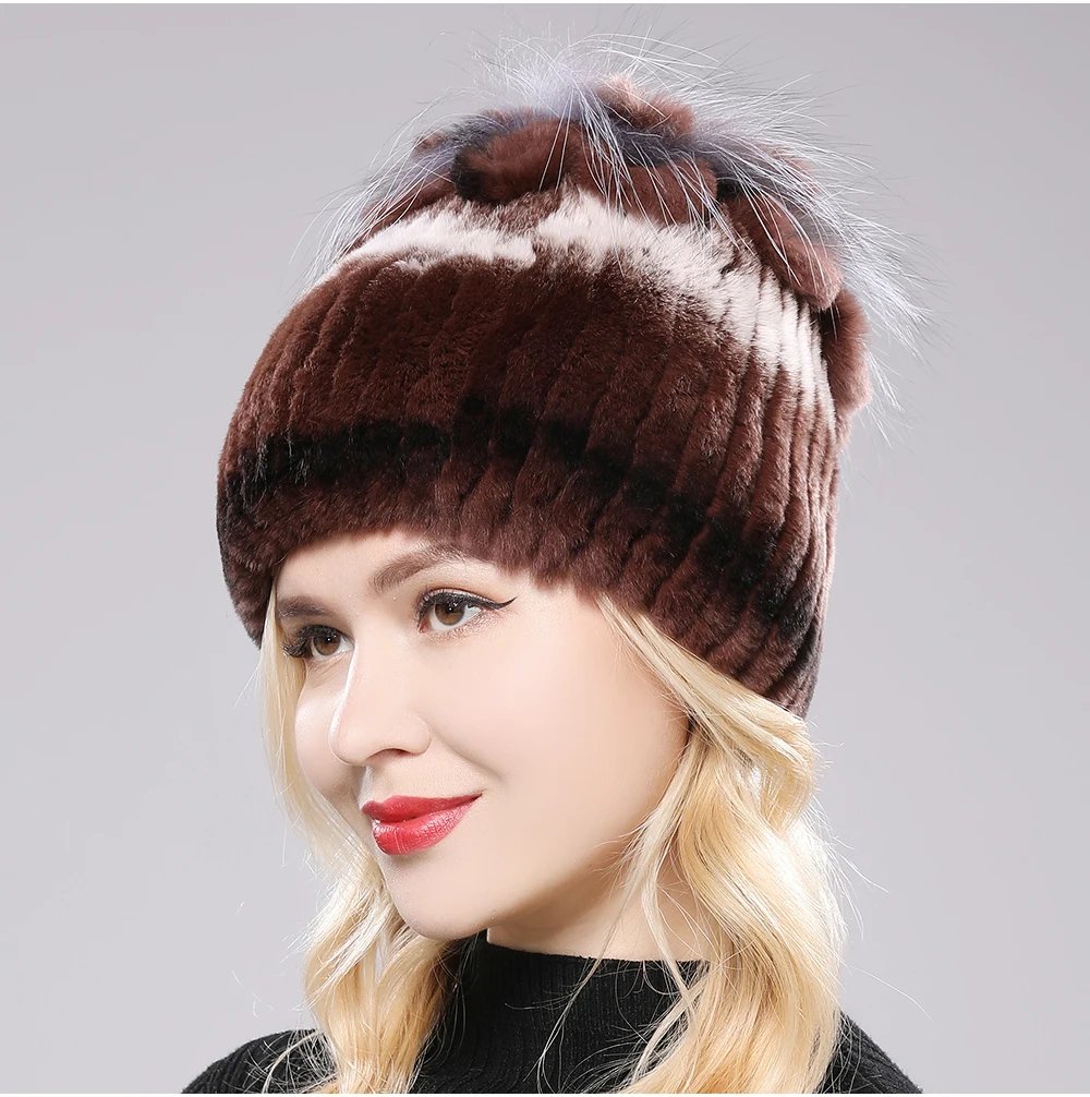 New Luxury Russia Winter Warm Real Fur Beanies Hat Women Real Natural Rex Rabbit Hat Good Elastic Knitted Rex Rabbit Fur Caps