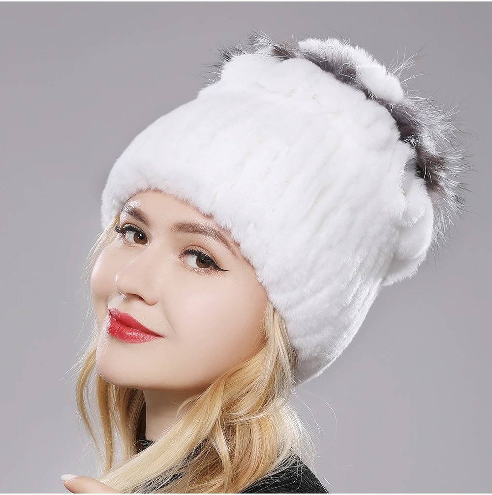 New Luxury Russia Winter Warm Real Fur Beanies Hat Women Real Natural Rex Rabbit Hat Good Elastic Knitted Rex Rabbit Fur Caps
