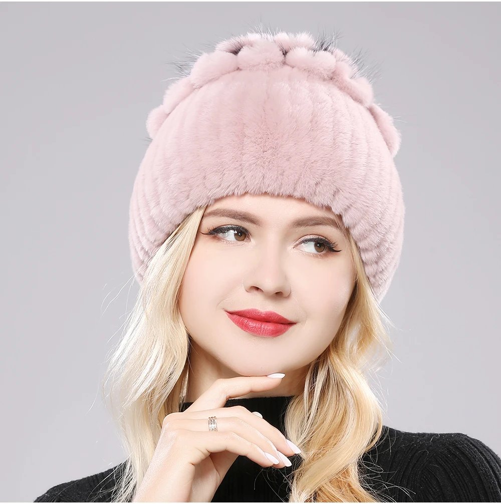 New Luxury Russia Winter Warm Real Fur Beanies Hat Women Real Natural Rex Rabbit Hat Good Elastic Knitted Rex Rabbit Fur Caps