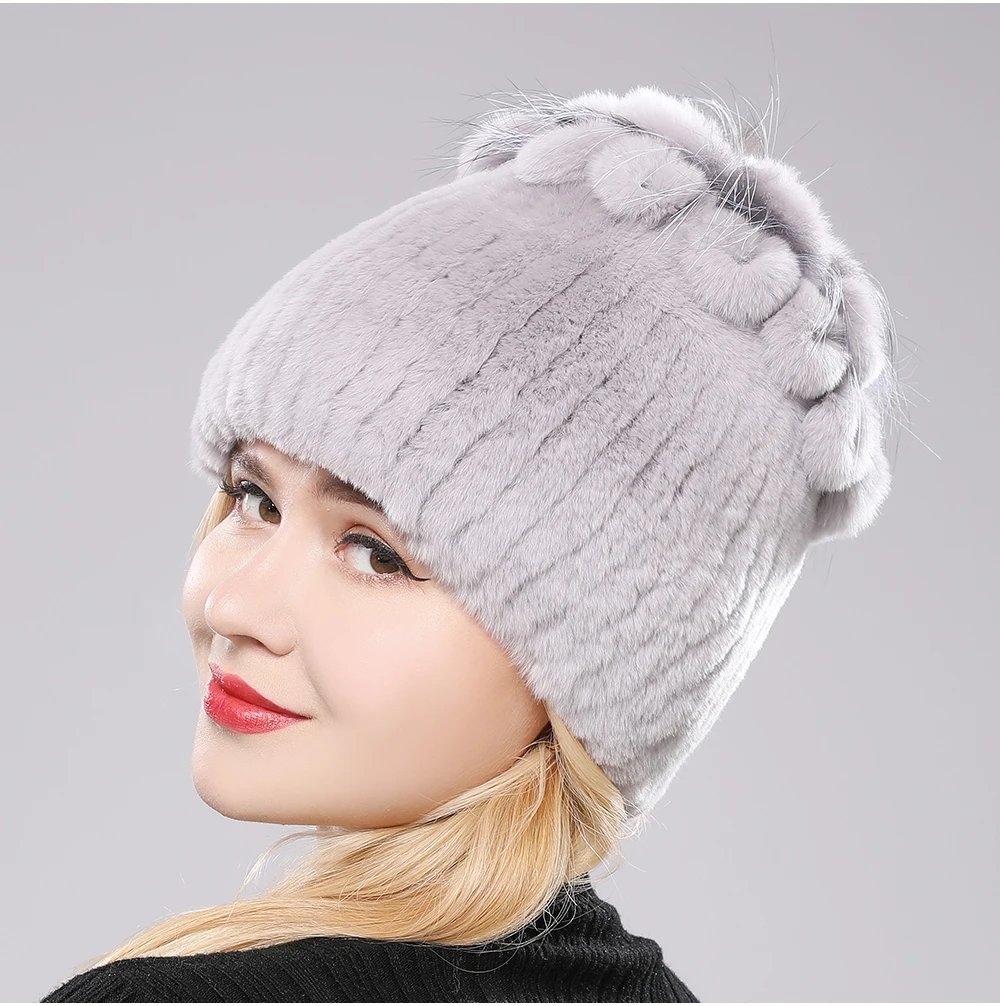 New Luxury Russia Winter Warm Real Fur Beanies Hat Women Real Natural Rex Rabbit Hat Good Elastic Knitted Rex Rabbit Fur Caps