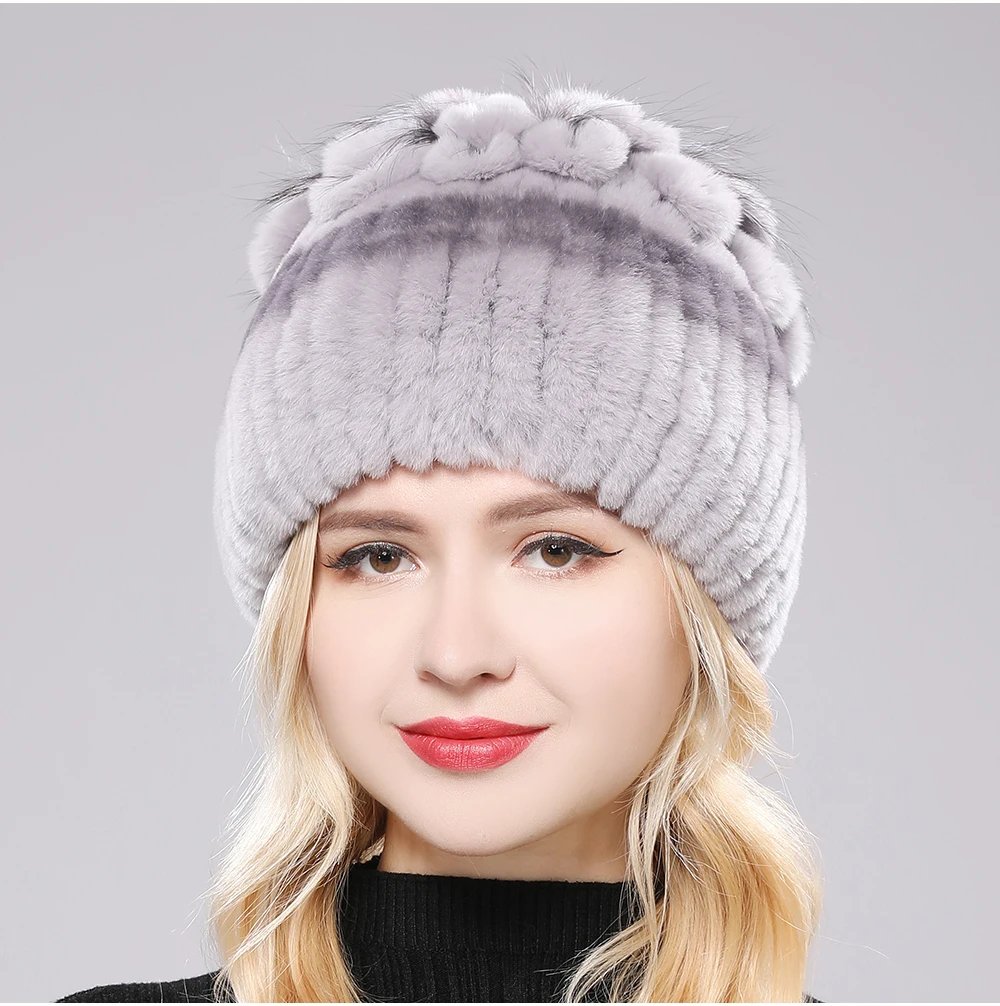 New Luxury Russia Winter Warm Real Fur Beanies Hat Women Real Natural Rex Rabbit Hat Good Elastic Knitted Rex Rabbit Fur Caps