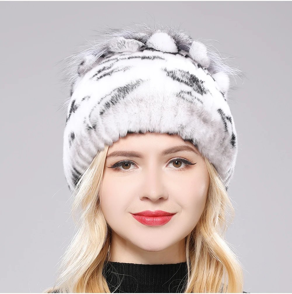 New Luxury Russia Winter Warm Real Fur Beanies Hat Women Real Natural Rex Rabbit Hat Good Elastic Knitted Rex Rabbit Fur Caps
