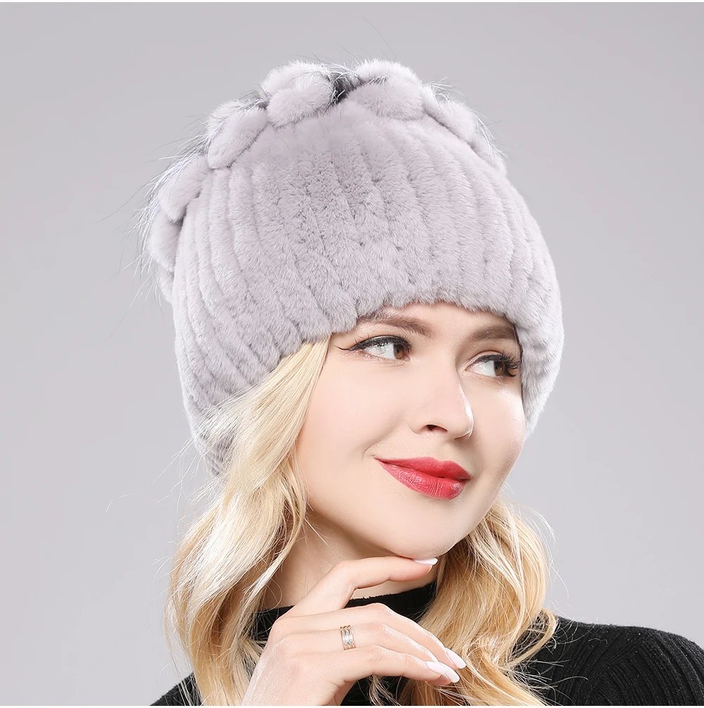 New Luxury Russia Winter Warm Real Fur Beanies Hat Women Real Natural Rex Rabbit Hat Good Elastic Knitted Rex Rabbit Fur Caps