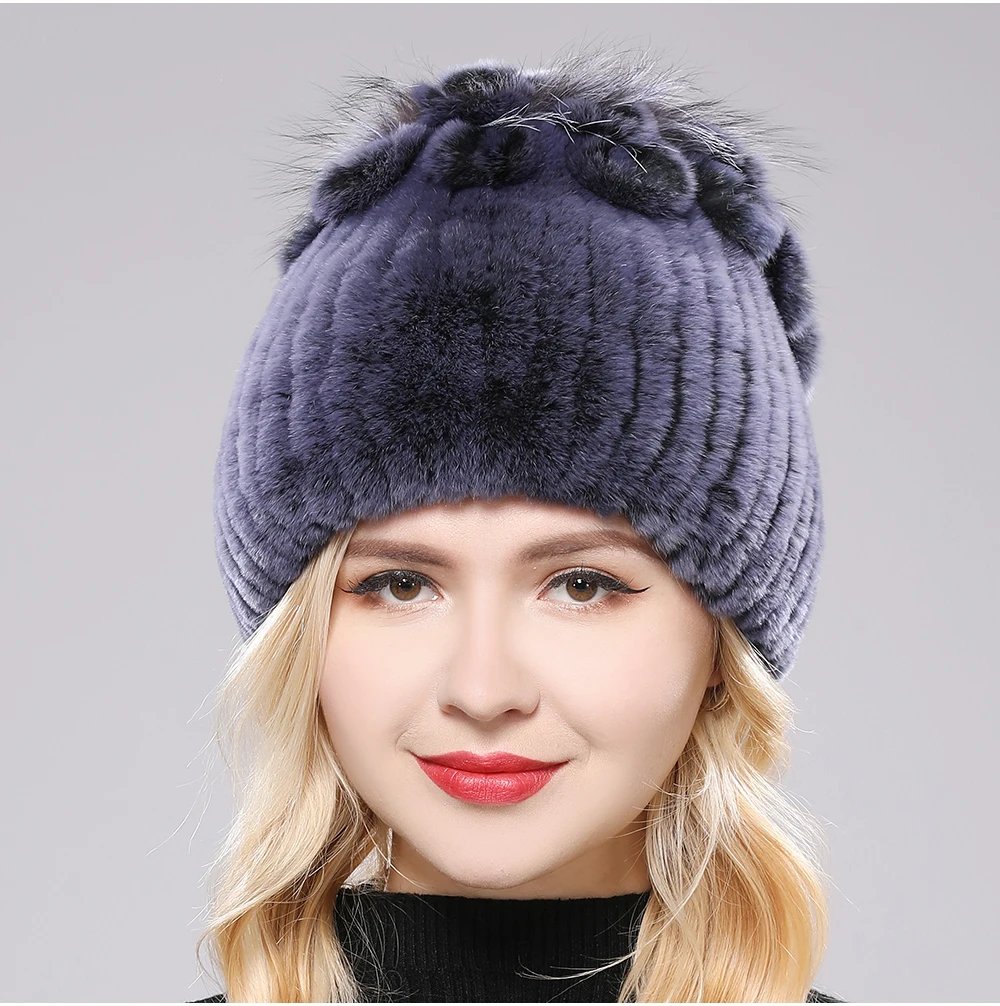 New Luxury Russia Winter Warm Real Fur Beanies Hat Women Real Natural Rex Rabbit Hat Good Elastic Knitted Rex Rabbit Fur Caps
