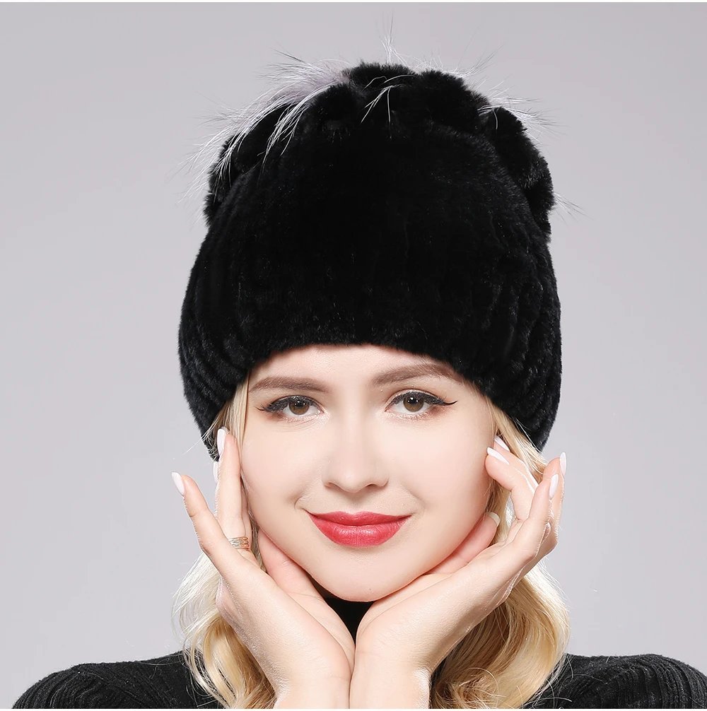 New Luxury Russia Winter Warm Real Fur Beanies Hat Women Real Natural Rex Rabbit Hat Good Elastic Knitted Rex Rabbit Fur Caps