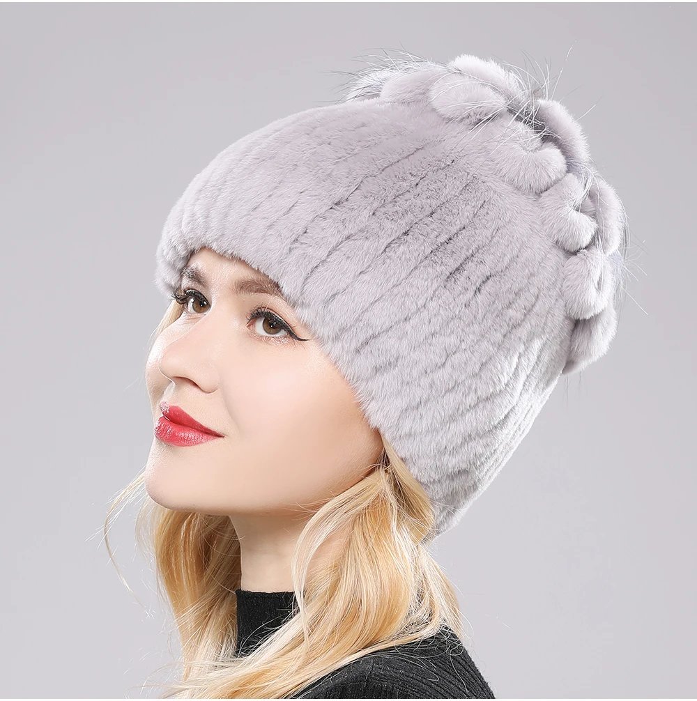New Luxury Russia Winter Warm Real Fur Beanies Hat Women Real Natural Rex Rabbit Hat Good Elastic Knitted Rex Rabbit Fur Caps