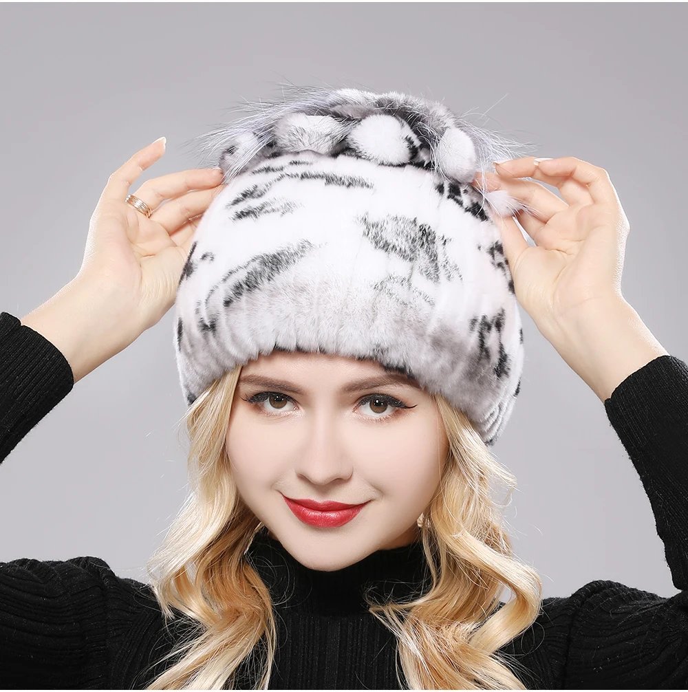 New Luxury Russia Winter Warm Real Fur Beanies Hat Women Real Natural Rex Rabbit Hat Good Elastic Knitted Rex Rabbit Fur Caps