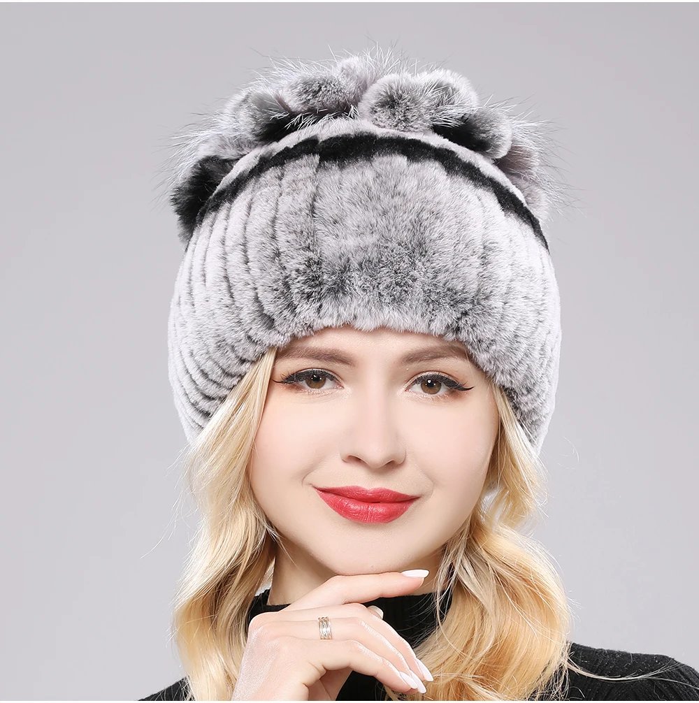 New Luxury Russia Winter Warm Real Fur Beanies Hat Women Real Natural Rex Rabbit Hat Good Elastic Knitted Rex Rabbit Fur Caps