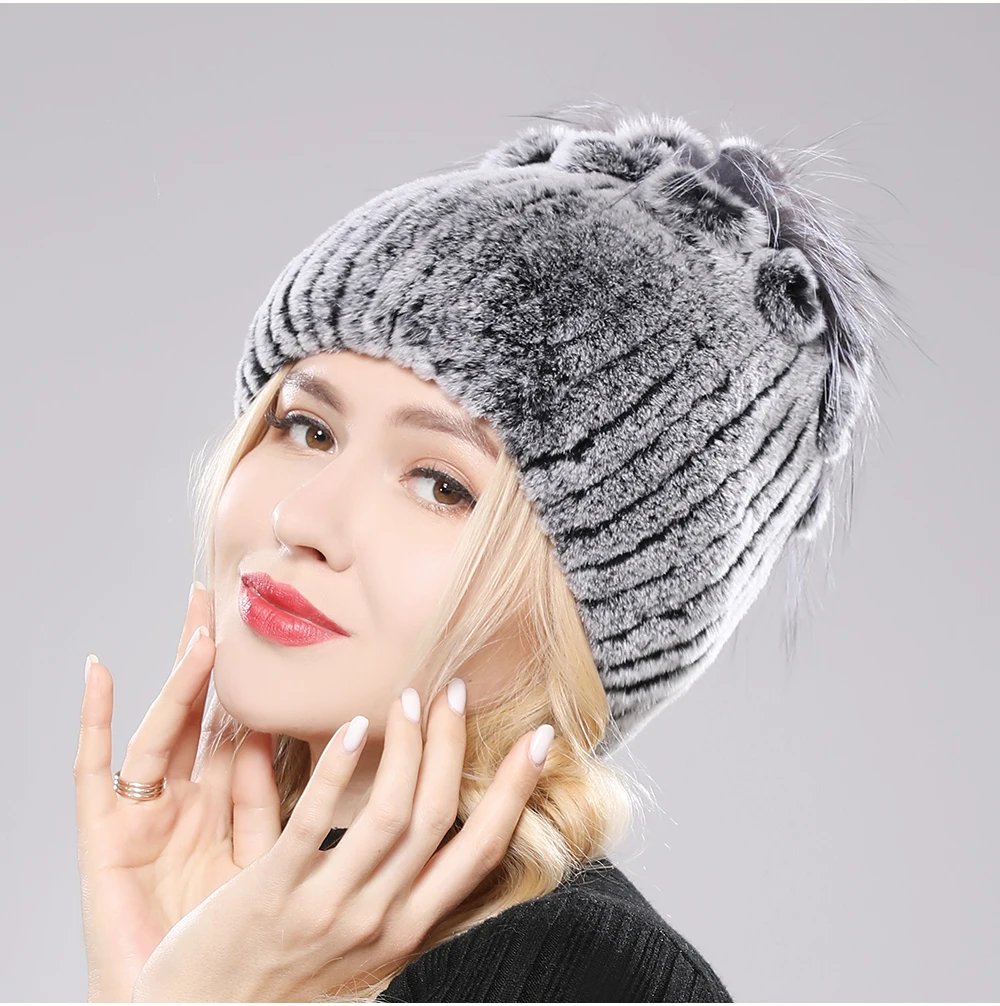 New Luxury Russia Winter Warm Real Fur Beanies Hat Women Real Natural Rex Rabbit Hat Good Elastic Knitted Rex Rabbit Fur Caps