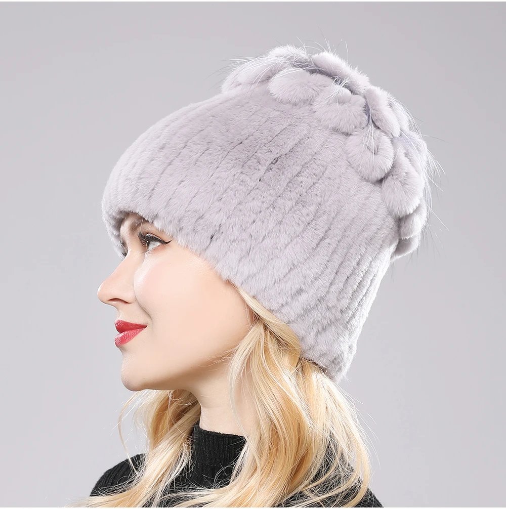 New Luxury Russia Winter Warm Real Fur Beanies Hat Women Real Natural Rex Rabbit Hat Good Elastic Knitted Rex Rabbit Fur Caps