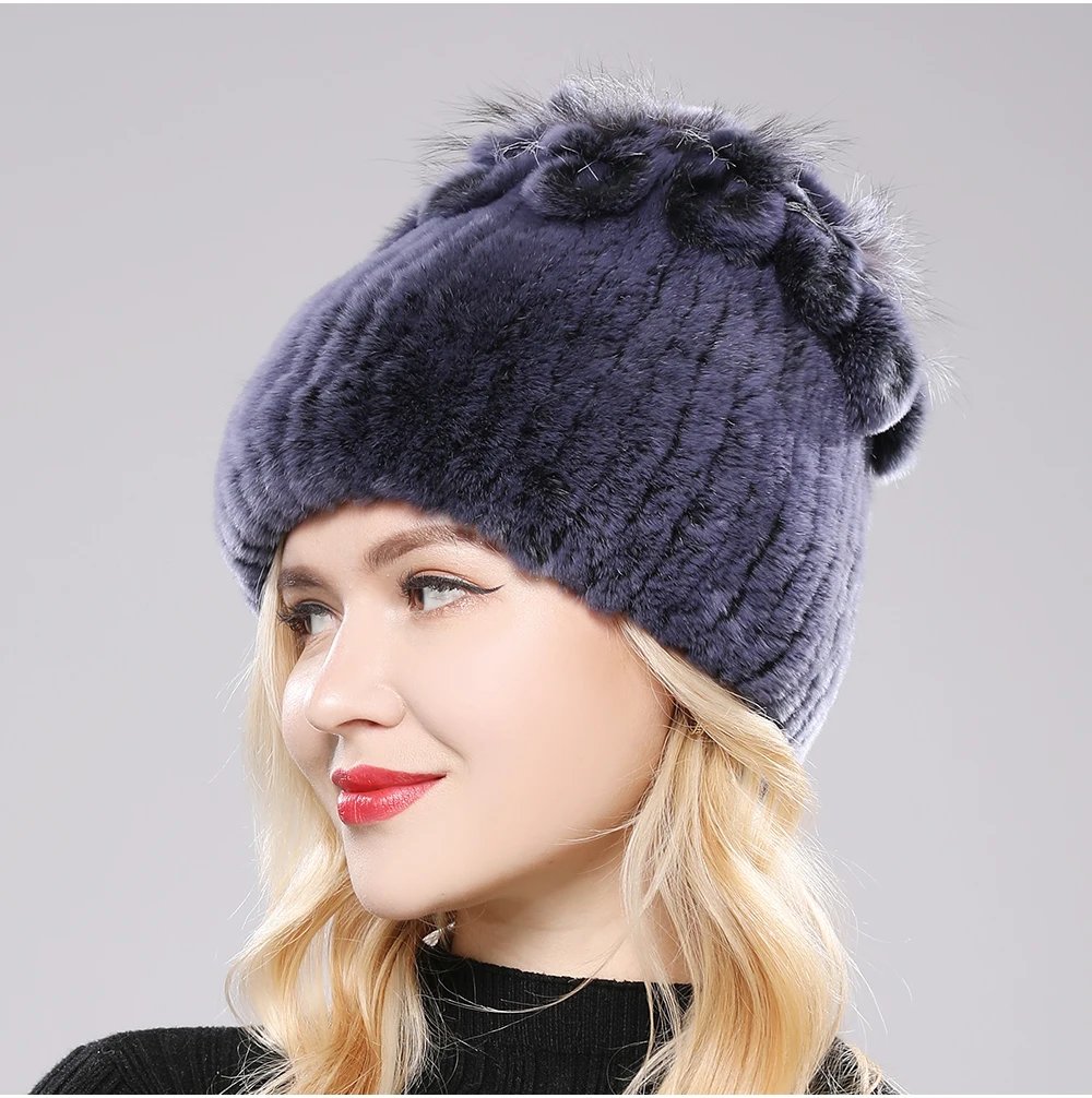 New Luxury Russia Winter Warm Real Fur Beanies Hat Women Real Natural Rex Rabbit Hat Good Elastic Knitted Rex Rabbit Fur Caps