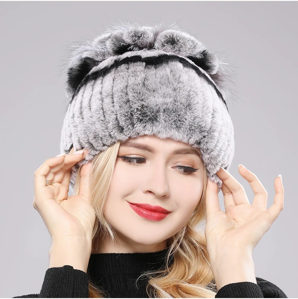 New Luxury Russia Winter Warm Real Fur Beanies Hat Women Real Natural Rex Rabbit Hat Good Elastic Knitted Rex Rabbit Fur Caps