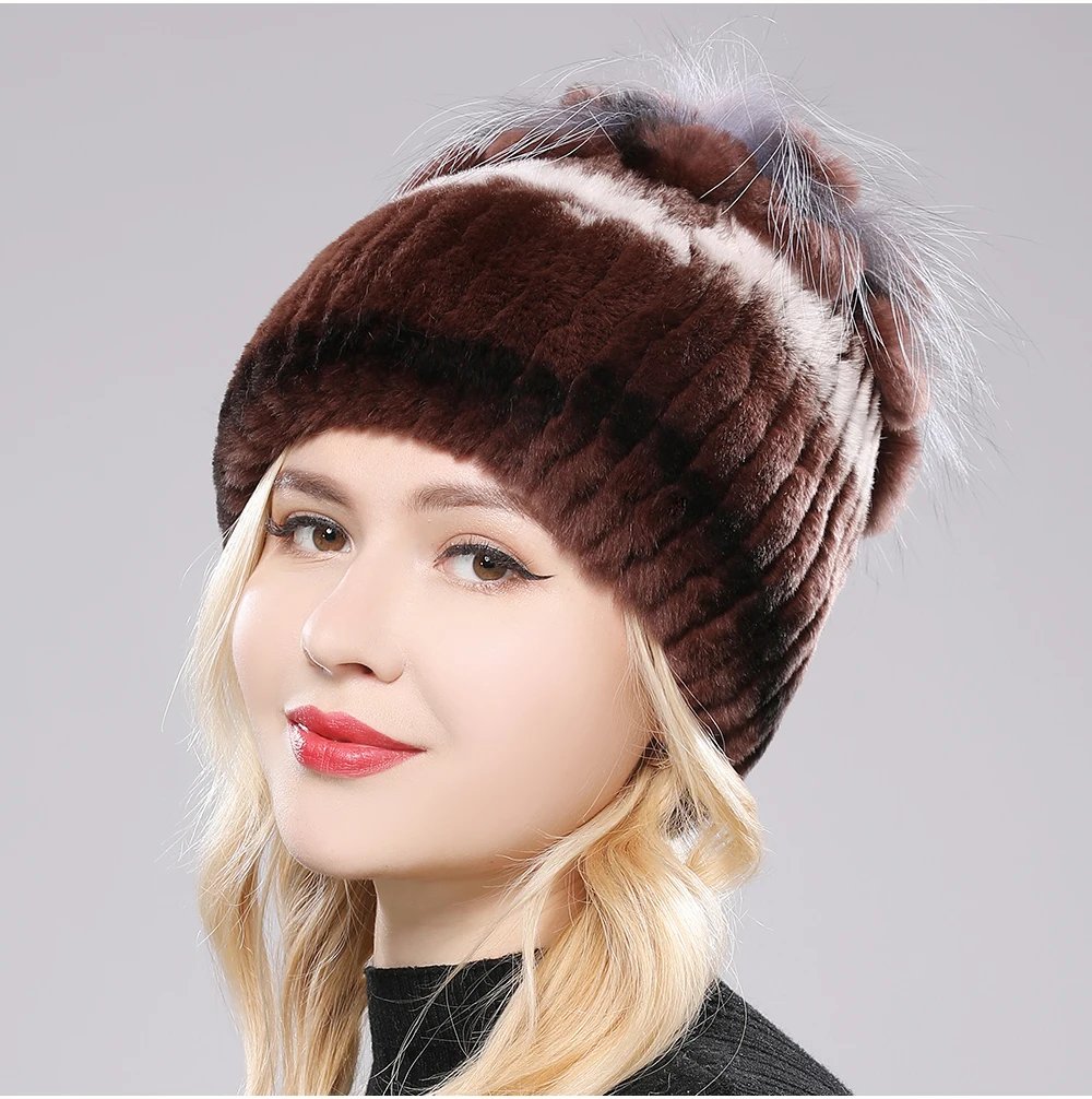 New Luxury Russia Winter Warm Real Fur Beanies Hat Women Real Natural Rex Rabbit Hat Good Elastic Knitted Rex Rabbit Fur Caps