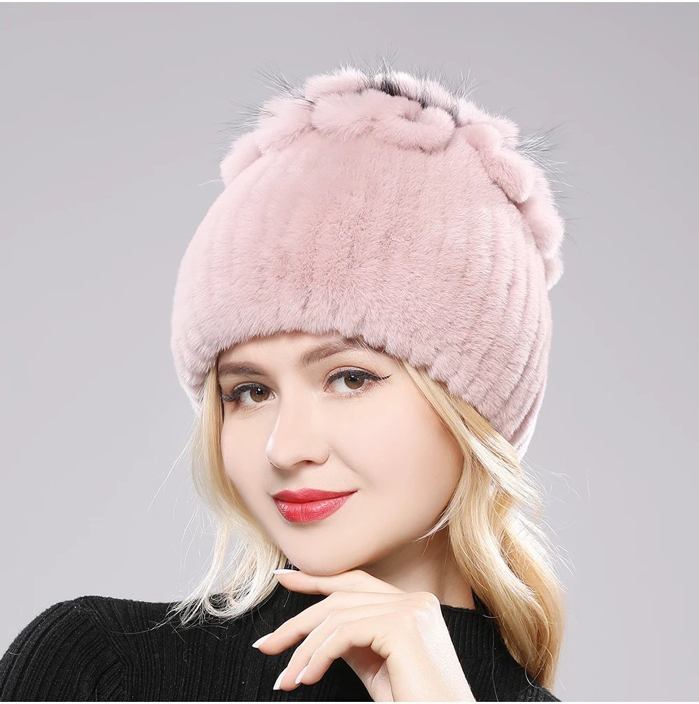 New Luxury Russia Winter Warm Real Fur Beanies Hat Women Real Natural Rex Rabbit Hat Good Elastic Knitted Rex Rabbit Fur Caps