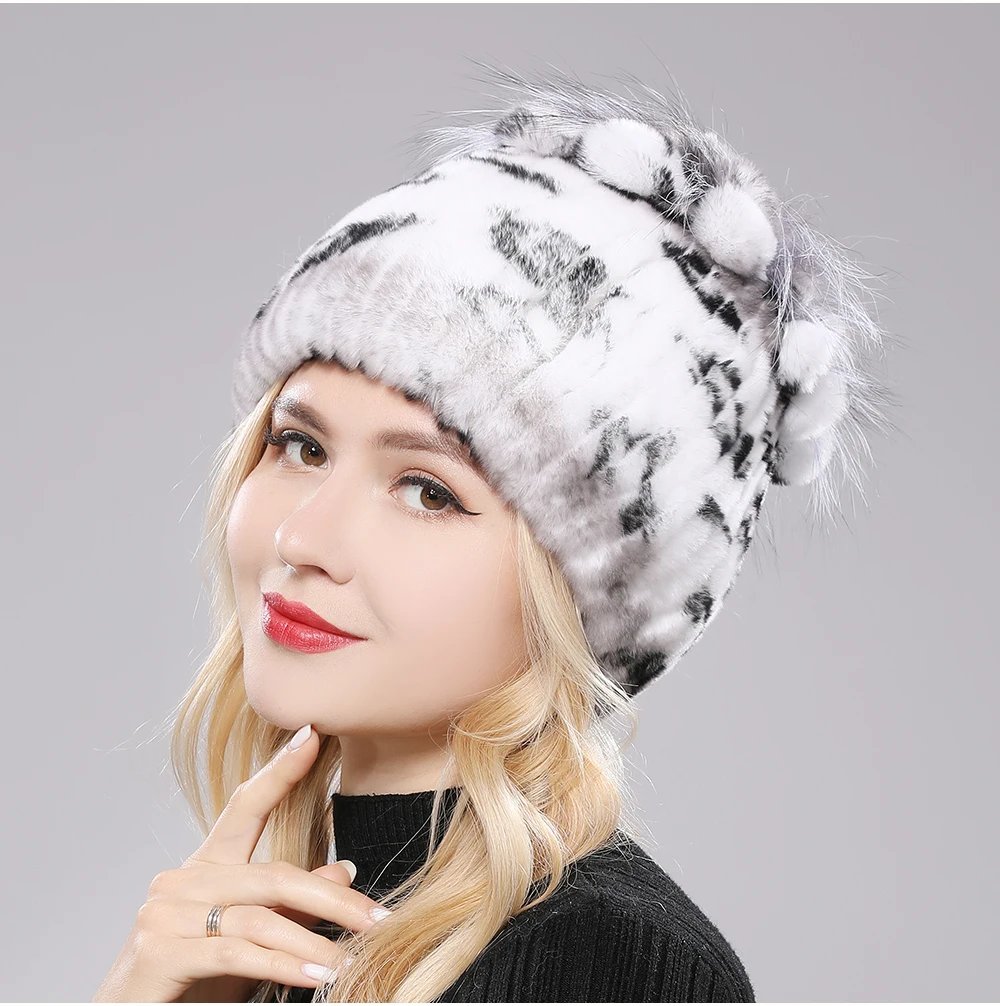 New Luxury Russia Winter Warm Real Fur Beanies Hat Women Real Natural Rex Rabbit Hat Good Elastic Knitted Rex Rabbit Fur Caps