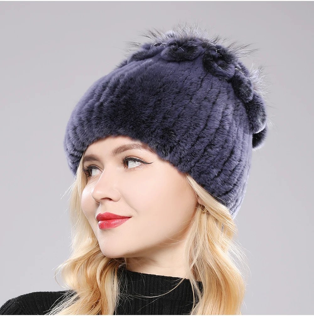 New Luxury Russia Winter Warm Real Fur Beanies Hat Women Real Natural Rex Rabbit Hat Good Elastic Knitted Rex Rabbit Fur Caps
