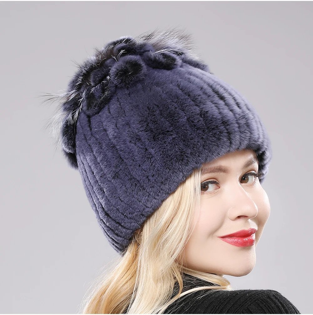 New Luxury Russia Winter Warm Real Fur Beanies Hat Women Real Natural Rex Rabbit Hat Good Elastic Knitted Rex Rabbit Fur Caps