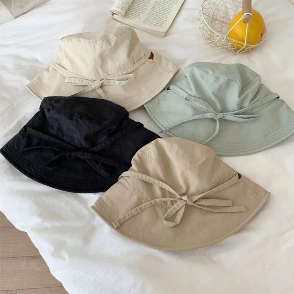 Windbreak Rope Fisherman Hat Solid Color Sunscreen Hat Summer Outdoor Thin Sunshade Basin Hat Lace-up Tie Bucket Cap