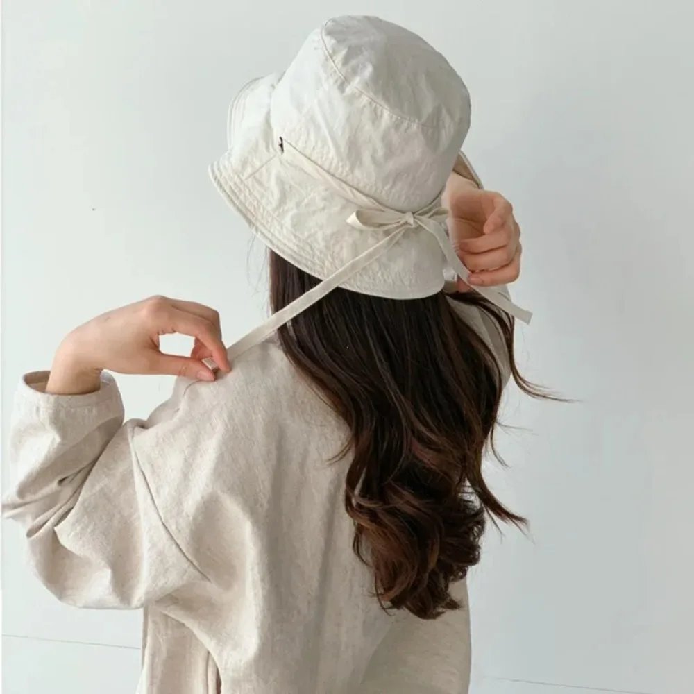 Windbreak Rope Fisherman Hat Solid Color Sunscreen Hat Summer Outdoor Thin Sunshade Basin Hat Lace-up Tie Bucket Cap