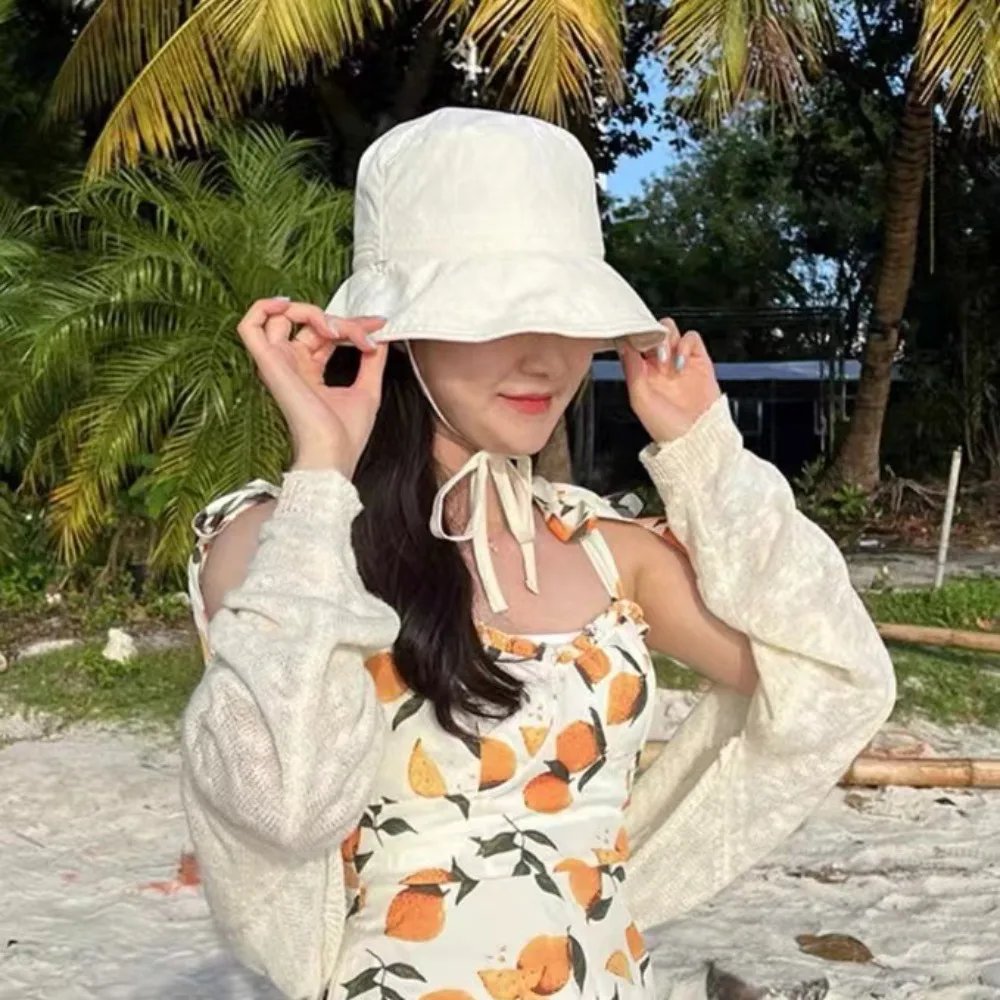 Windbreak Rope Fisherman Hat Solid Color Sunscreen Hat Summer Outdoor Thin Sunshade Basin Hat Lace-up Tie Bucket Cap