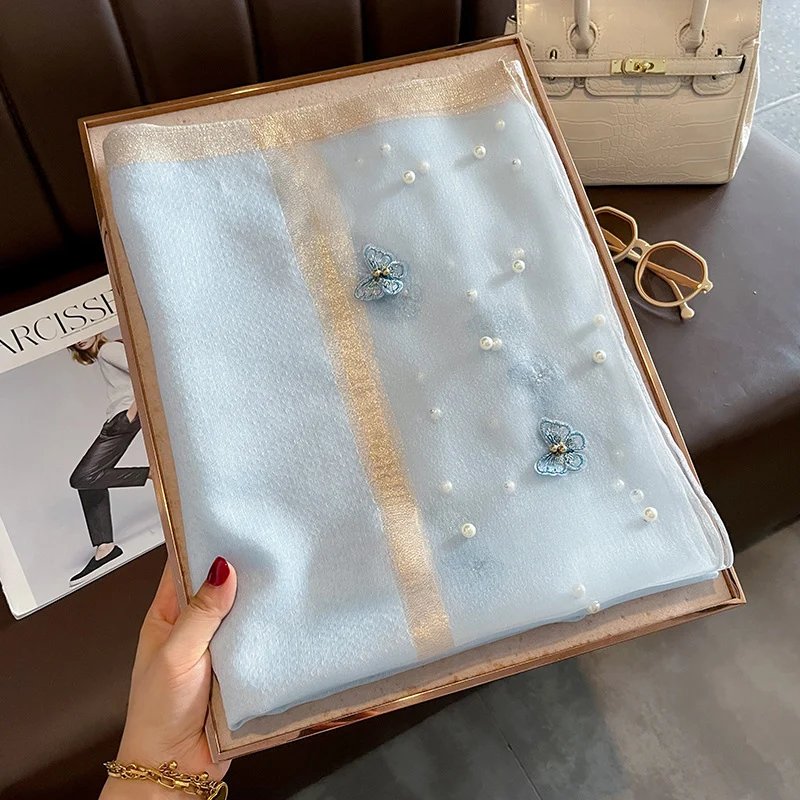 2023 Luxury Silk Shawl Scarf for Women Design Embroidery Flowers Hijab Wraps Bufandas Female Headkerchief Fouloud Echarpe