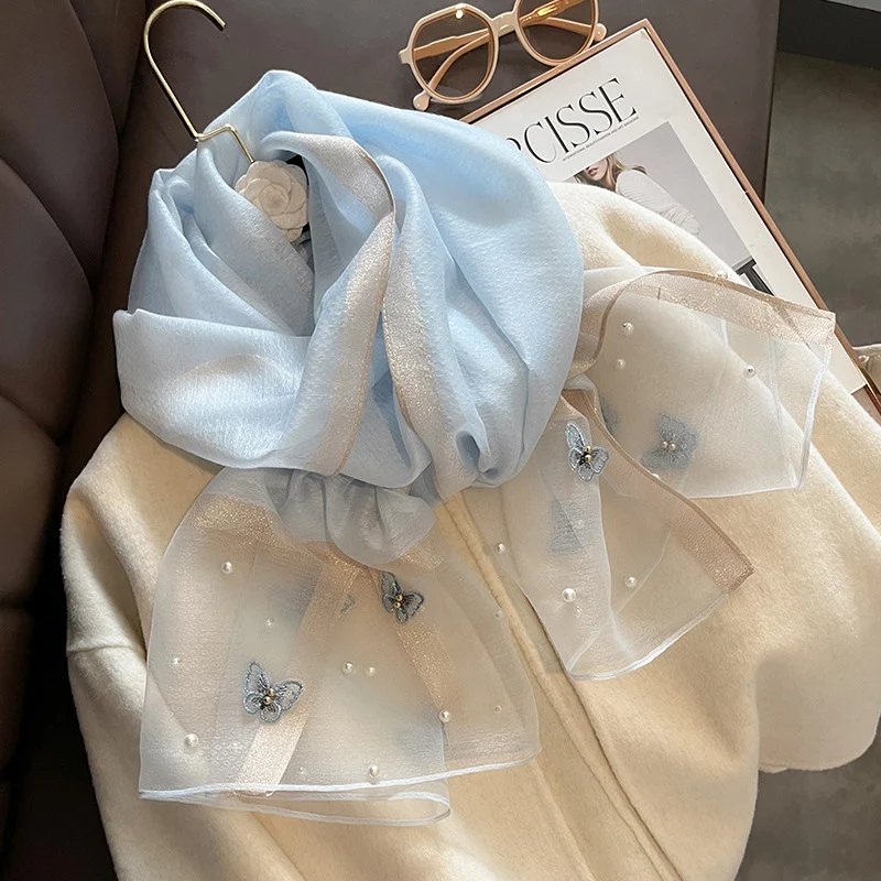 2023 Luxury Silk Shawl Scarf for Women Design Embroidery Flowers Hijab Wraps Bufandas Female Headkerchief Fouloud Echarpe