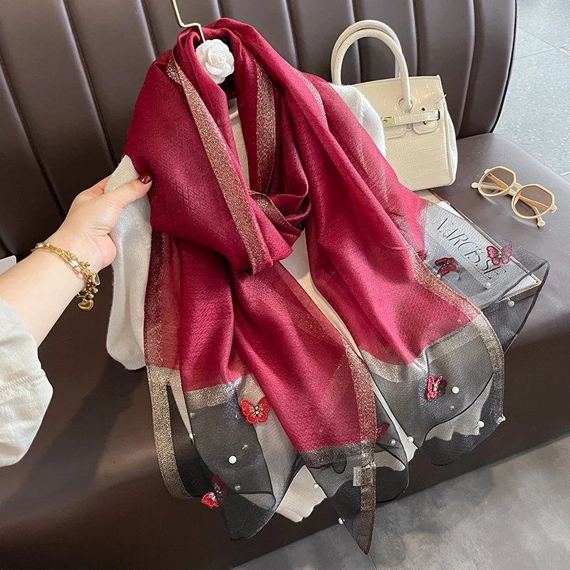 2023 Luxury Silk Shawl Scarf for Women Design Embroidery Flowers Hijab Wraps Bufandas Female Headkerchief Fouloud Echarpe