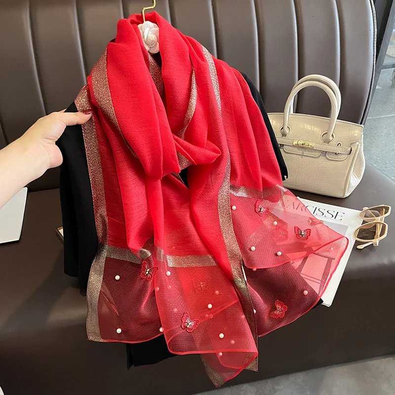 2023 Luxury Silk Shawl Scarf for Women Design Embroidery Flowers Hijab Wraps Bufandas Female Headkerchief Fouloud Echarpe