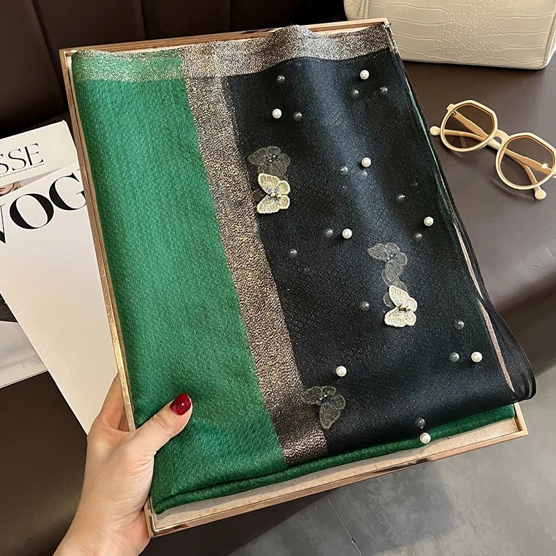 2023 Luxury Silk Shawl Scarf for Women Design Embroidery Flowers Hijab Wraps Bufandas Female Headkerchief Fouloud Echarpe