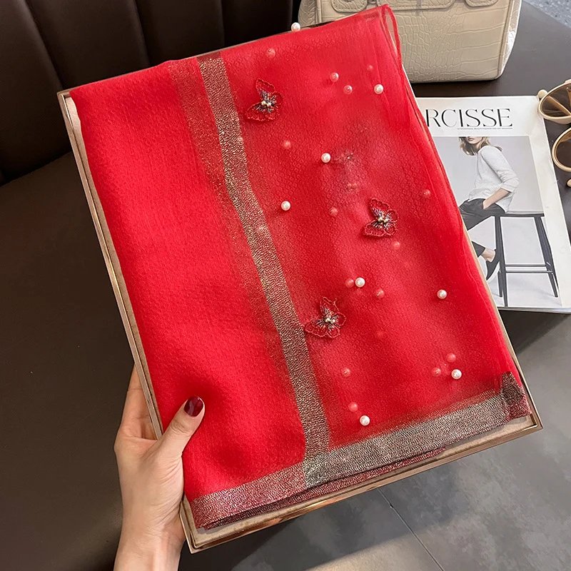 2023 Luxury Silk Shawl Scarf for Women Design Embroidery Flowers Hijab Wraps Bufandas Female Headkerchief Fouloud Echarpe