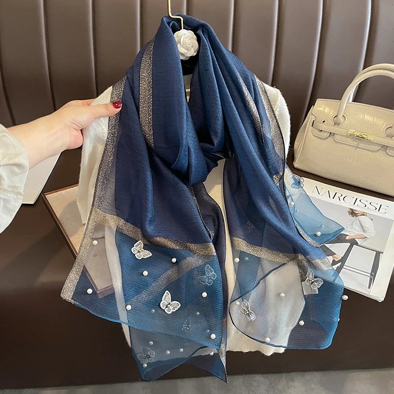 2023 Luxury Silk Shawl Scarf for Women Design Embroidery Flowers Hijab Wraps Bufandas Female Headkerchief Fouloud Echarpe