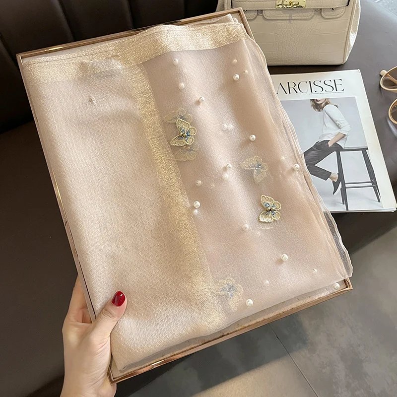 2023 Luxury Silk Shawl Scarf for Women Design Embroidery Flowers Hijab Wraps Bufandas Female Headkerchief Fouloud Echarpe